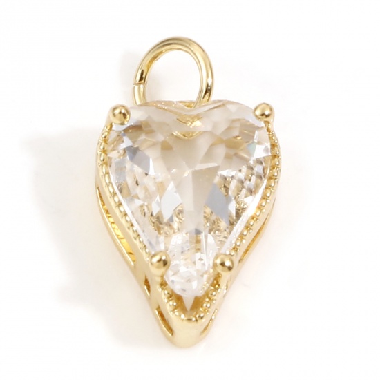 Picture of Brass Valentine's Day Charms 18K Real Gold Plated Heart Clear Cubic Zirconia 17mm x 9mm, 1 Piece                                                                                                                                                              