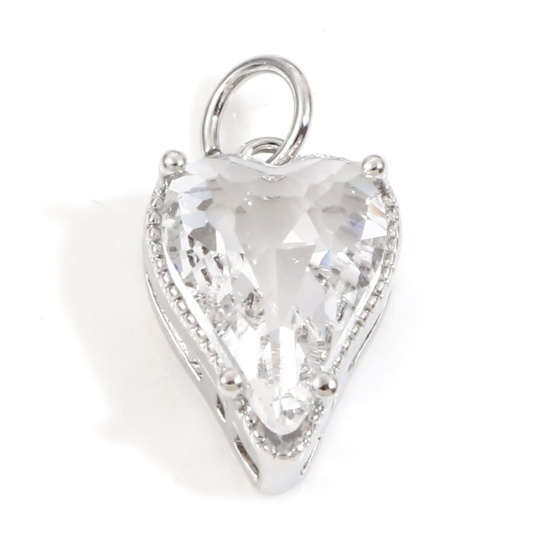 Picture of Brass Valentine's Day Charms Real Platinum Plated Heart Clear Cubic Zirconia 17mm x 9mm, 1 Piece                                                                                                                                                              
