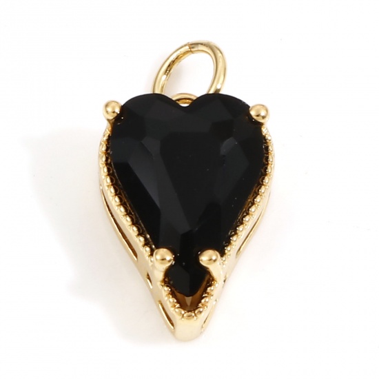 Picture of Brass Valentine's Day Charms 18K Real Gold Plated Heart Black Cubic Zirconia 17mm x 9mm, 1 Piece                                                                                                                                                              