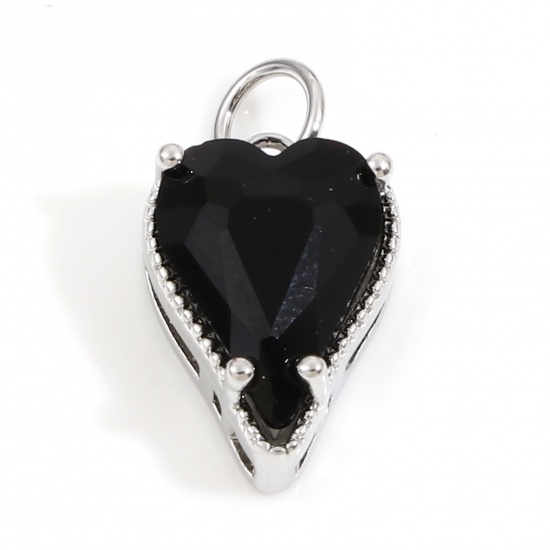 Picture of Brass Valentine's Day Charms Real Platinum Plated Heart Black Cubic Zirconia 17mm x 9mm, 1 Piece                                                                                                                                                              