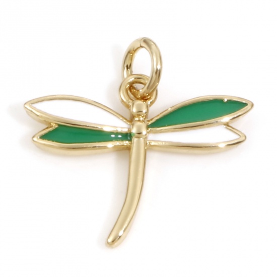 Immagine di Ottone Insetto Charms Libellula 18K Vero Oro Placcato Bianco & Verde Smalto 15mm x 15mm, 2 Pz