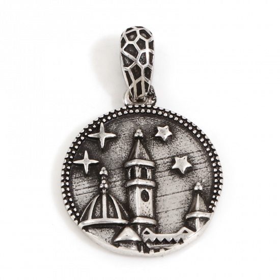 Picture of 1 Piece Brass Coin Charm Pendant Antique Silver Color Antique Silver Color Round Castle 24mm x 16mm