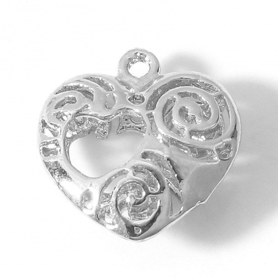 Bild von Messing Valentinstag Charms Echt Platin plattiert Herz Filigran Doppelseitig 16mm x 16mm, 2 Stück