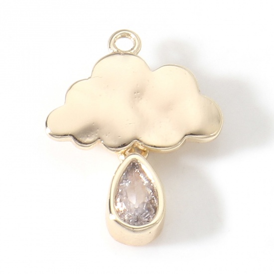 Picture of Brass Weather Collection Charms 18K Real Gold Plated Cloud Drop Clear Cubic Zirconia 15mm x 12mm, 2 PCs                                                                                                                                                       
