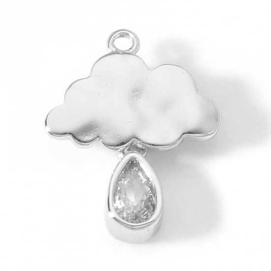 Picture of Brass Weather Collection Charms Real Platinum Plated Cloud Drop Clear Cubic Zirconia 15mm x 12mm, 2 PCs                                                                                                                                                       