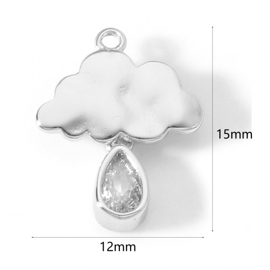 Picture of Brass Weather Collection Charms Real Platinum Plated Cloud Drop Clear Cubic Zirconia 15mm x 12mm, 2 PCs