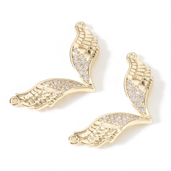 Imagen de Latón Colgantes Ala 18K Oro Real Chapado Micro Pave Claro Circón Artificial 3cm x 1.4cm, 1 Unidad