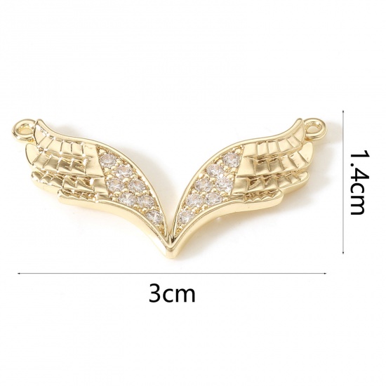 Imagen de Latón Colgantes Ala 18K Oro Real Chapado Micro Pave Claro Circón Artificial 3cm x 1.4cm, 1 Unidad