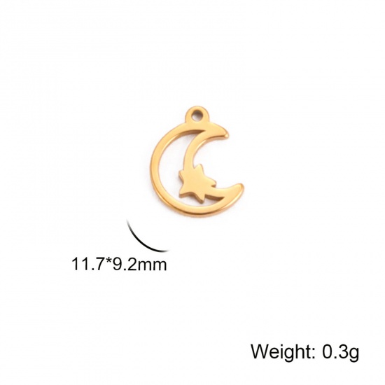 Immagine di 304 Acciaio Inossidabile Charms Luna Oro Placcato Stella a Cinque Punte Filigrana 12mm x 9mm, 5 Pz