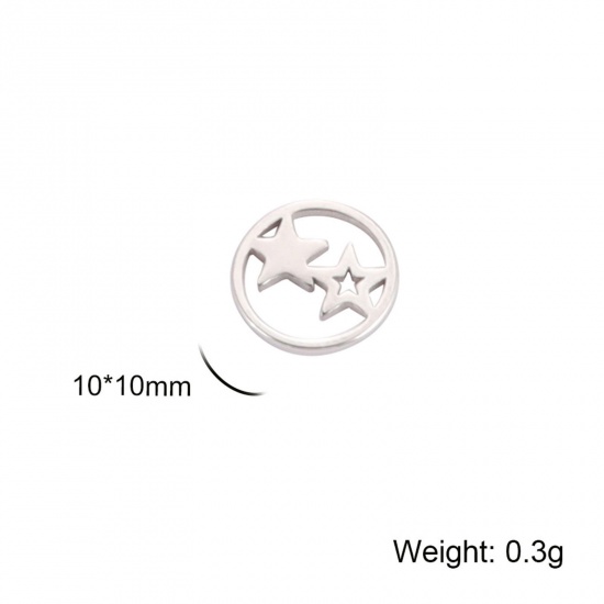 Immagine di 304 Acciaio Inossidabile Pendenti Charms Connettori Tondo Tono Argento Stella a Cinque Punte Filigrana 10mm x 10mm, 5 Pz