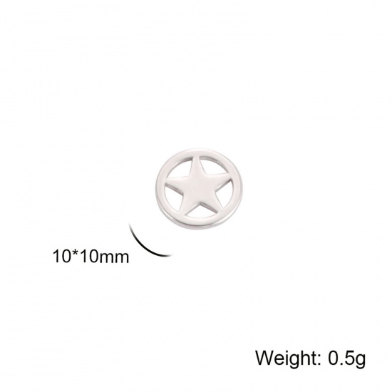 Immagine di 304 Acciaio Inossidabile Pendenti Charms Connettori Tondo Tono Argento Stella a Cinque Punte Filigrana 10mm x 10mm, 5 Pz