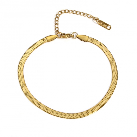 Picture of 1 Piece Vacuum Plating 304 Stainless Steel Snake Chain Bracelets Gold Plated With Lobster Claw Clasp And Extender Chain 20cm(7 7/8") long, 4mm