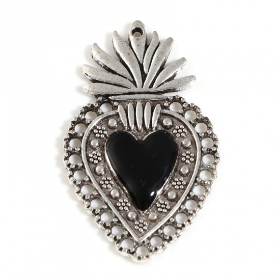 Picture of Zinc Based Alloy Religious Pendants Antique Silver Color Black Ex Voto Heart Enamel 4cm x 2.4cm, 5 PCs
