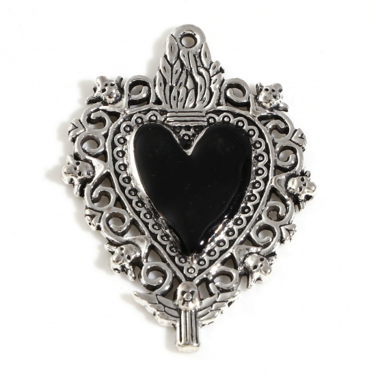 Picture of Zinc Based Alloy Religious Pendants Antique Silver Color Black Ex Voto Heart Enamel 4.1cm x 3cm, 5 PCs