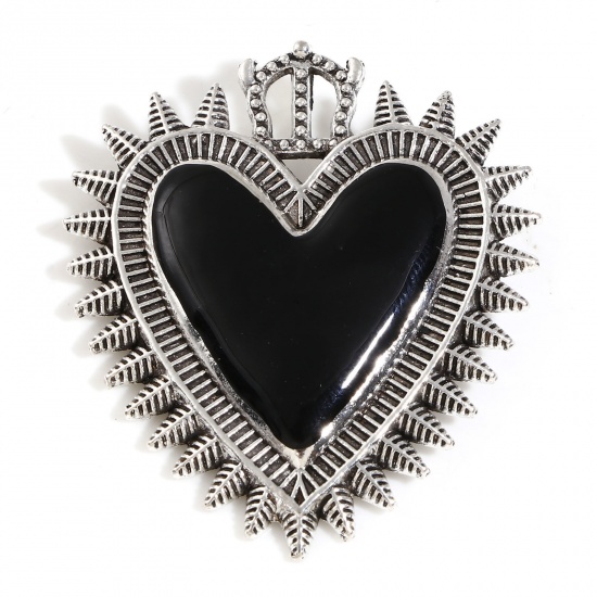 Picture of Zinc Based Alloy Religious Pendants Antique Silver Color Black Ex Voto Heart Enamel 4cm x 3.5cm, 5 PCs