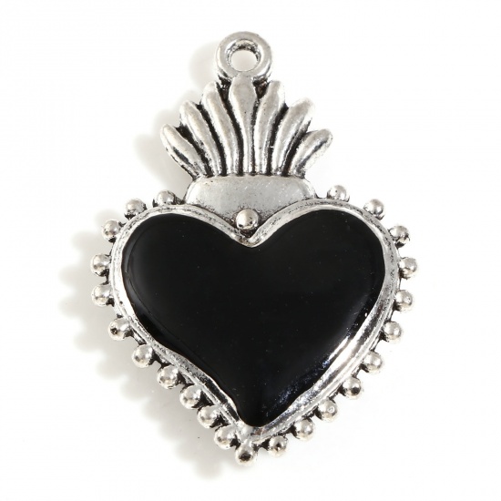Picture of Zinc Based Alloy Religious Pendants Antique Silver Color Black Ex Voto Heart Enamel 3cm x 2cm, 5 PCs