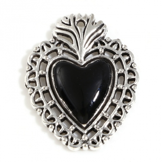 Picture of Zinc Based Alloy Religious Charms Antique Silver Color Black Ex Voto Heart Enamel 29mm x 23mm, 5 PCs