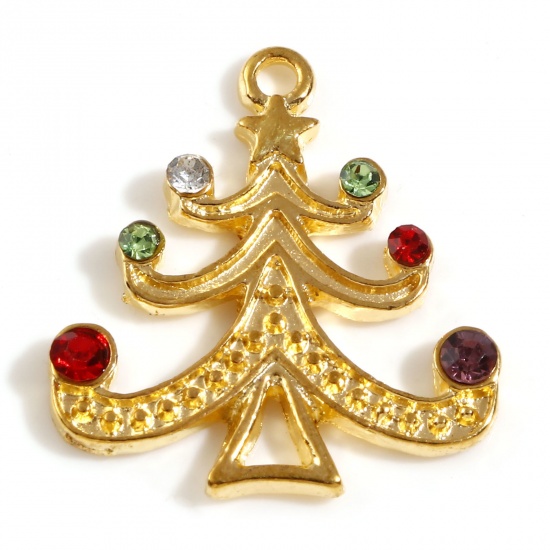 Immagine di Lega di Zinco Natale Charms Oro Placcato Albero di Natale Multicolore Strass 21mm x 19mm, 10 Pz