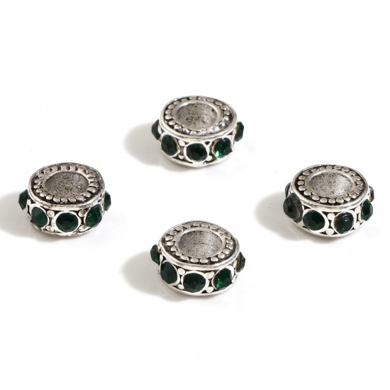 Picture of Zinc Based Alloy European Style Large Hole Charm Beads Antique Silver Color Round Deep Green Rhinestone 12mm Dia., Hole: Approx 5mm, 10 PCs