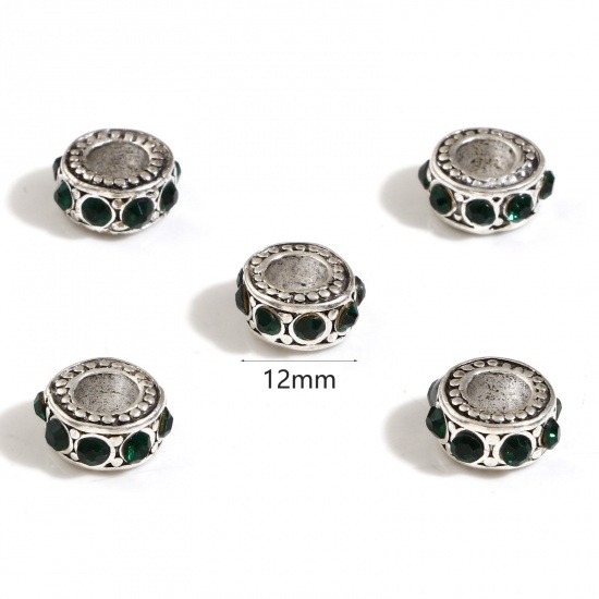 Picture of Zinc Based Alloy European Style Large Hole Charm Beads Antique Silver Color Round Deep Green Rhinestone 12mm Dia., Hole: Approx 5mm, 10 PCs