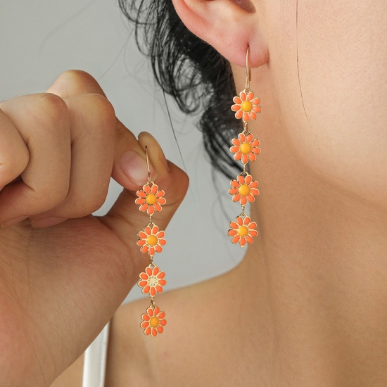 Picture of Brass Pastoral Style Tassel Earrings Gold Plated Orange-red Daisy Flower Enamel 6cm x 1cm, 1 Pair                                                                                                                                                             