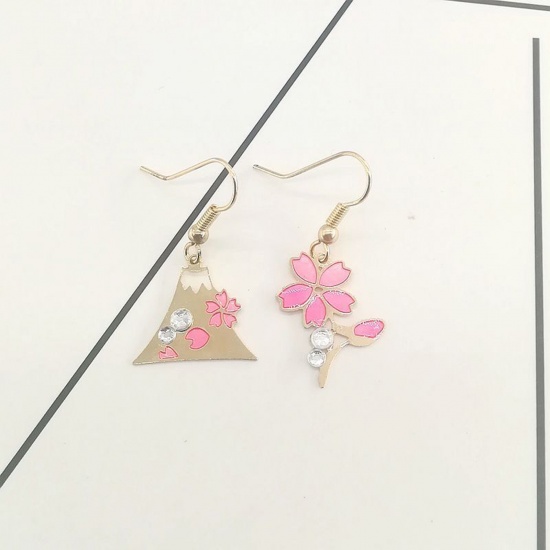 Picture of Brass Japanese Style Asymmetric Earrings Gold Plated Pink Triangle Flower Enamel 3.5cm, 1 Pair                                                                                                                                                                