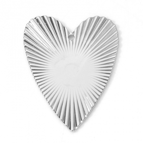 Picture of Brass Valentine's Day Pendants Real Platinum Plated Heart Stripe 3cm x 2.3cm, 5 PCs