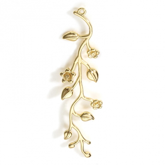 Image de Pendentifs en Laiton Feuilles de Fleur Plaqué Or Véritable 18K 3D 5.4cm x 1.6cm, 2 Pcs
