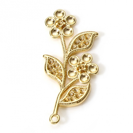 Image de 2 Pcs Breloques en Laiton Feuilles de Fleur Plaqué Or Véritable 18K (Apparié à ss1 0.8mm Strass Dos en Pointe) 27mm x 12mm