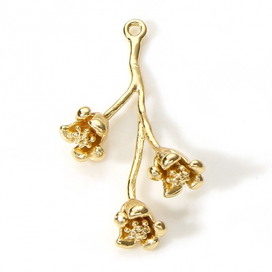 Image de Breloques en Laiton Feuilles de Fleur Plaqué Or Véritable 18K 3D 25mm x 15mm, 2 Pcs