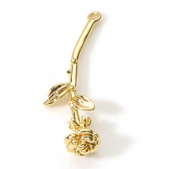 Image de Breloques en Laiton Feuilles de Fleur Plaqué Or Véritable 18K Rose 3D 28mm x 11mm, 2 Pcs