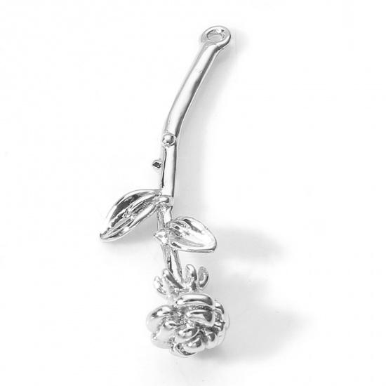 Image de Breloques en Laiton Feuilles de Fleur Plaqué Platine Véritable Rose 3D 28mm x 11mm, 2 Pcs