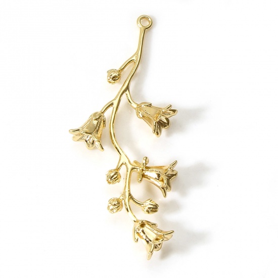 Image de Pendentifs en Laiton Feuilles de Fleur Plaqué Or Véritable 18K Fleur de Muguet 3D 4.8cm x 1.9cm, 2 Pcs