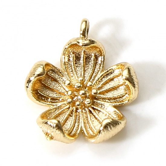 Picture of Brass Charms 18K Real Gold Plated Flower Peach Blossom Flower 3D 13mm x 11mm, 5 PCs