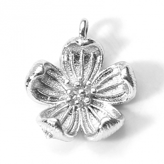Picture of Brass Charms Real Platinum Plated Flower Peach Blossom Flower 3D 13mm x 11mm, 5 PCs