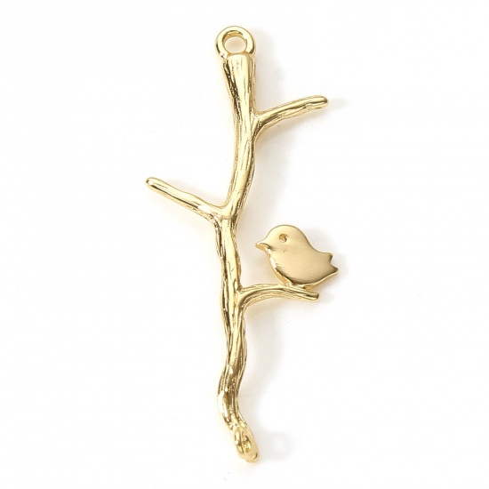 Bild von Messing Steckverbinder Charms Anhänger Vögel Zweig 18K Echtgold plattiert 3.5cm x 1.4cm, 2 Stück
