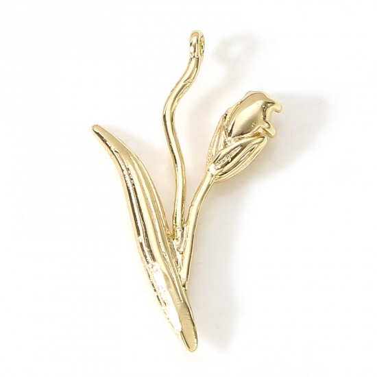 Picture of 2 PCs Brass Charms 18K Real Gold Plated Flower Leaves Tulip Flower (Fits 5x3mm) 25mm x 15mm