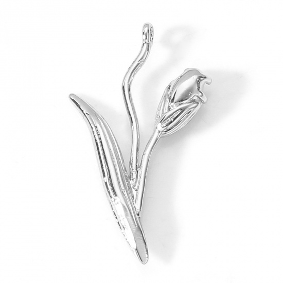 Picture of 2 PCs Brass Charms Real Platinum Plated Flower Leaves Tulip Flower (Fits 5x3mm) 25mm x 15mm