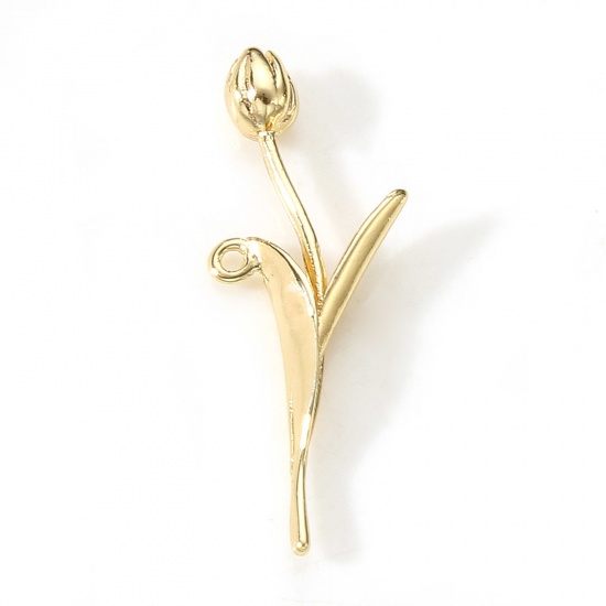 Picture of Brass Charms 18K Real Gold Plated Flower Leaves Tulip Flower 3D 24mm x 9mm, 2 PCs