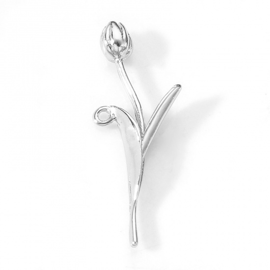 Picture of Brass Charms Real Platinum Plated Flower Leaves Tulip Flower 3D 24mm x 9mm, 2 PCs