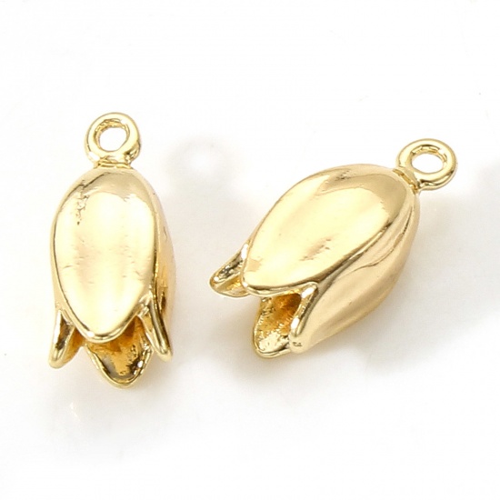 Picture of Brass Charms 18K Real Gold Plated Tulip Flower 3D 12mm x 6mm, 2 PCs