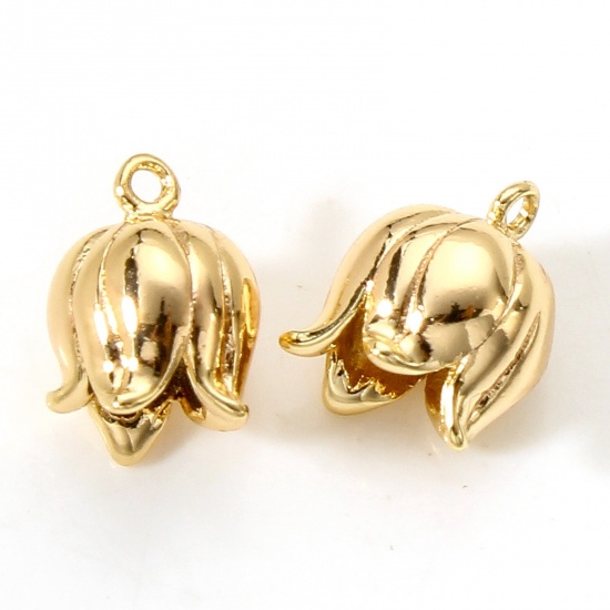 Picture of Brass Charms 18K Real Gold Plated Tulip Flower 3D 11mm x 8mm, 2 PCs