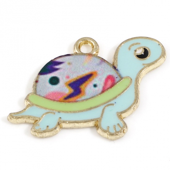 Picture of Zinc Based Alloy Ocean Jewelry Charms Gold Plated Multicolor Sea Turtle Animal Lightning Enamel 25mm x 18.5mm, 10 PCs