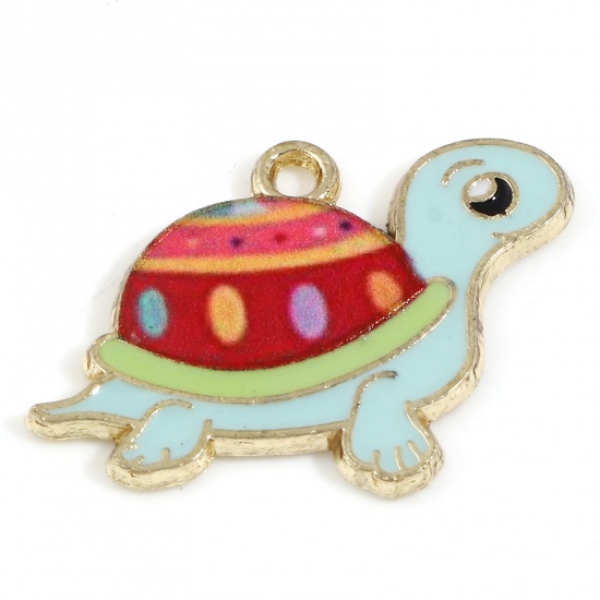 Picture of Zinc Based Alloy Ocean Jewelry Charms Gold Plated Multicolor Sea Turtle Animal Oval Enamel 25mm x 18.5mm, 10 PCs