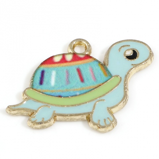 Picture of Zinc Based Alloy Ocean Jewelry Charms Gold Plated Multicolor Sea Turtle Animal Stripe Enamel 25mm x 18.5mm, 10 PCs