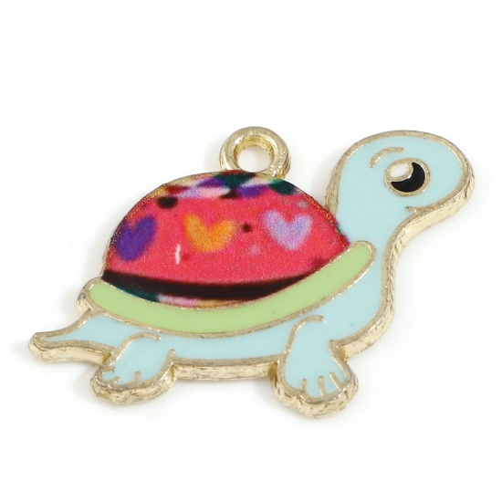 Picture of Zinc Based Alloy Ocean Jewelry Charms Gold Plated Multicolor Sea Turtle Animal Heart Enamel 25mm x 18.5mm, 10 PCs