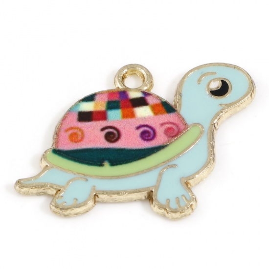 Picture of Zinc Based Alloy Ocean Jewelry Charms Gold Plated Multicolor Sea Turtle Animal Spiral Enamel 25mm x 18.5mm, 10 PCs
