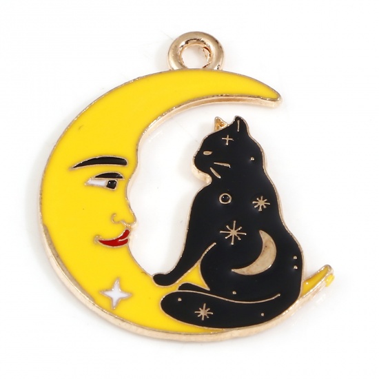 Picture of Zinc Based Alloy Halloween Charms Gold Plated Black & Yellow Half Moon Cat Enamel 26mm x 22mm, 10 PCs