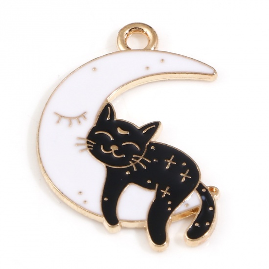 Picture of Zinc Based Alloy Halloween Charms Gold Plated Black & White Half Moon Cat Enamel 26mm x 19mm, 10 PCs