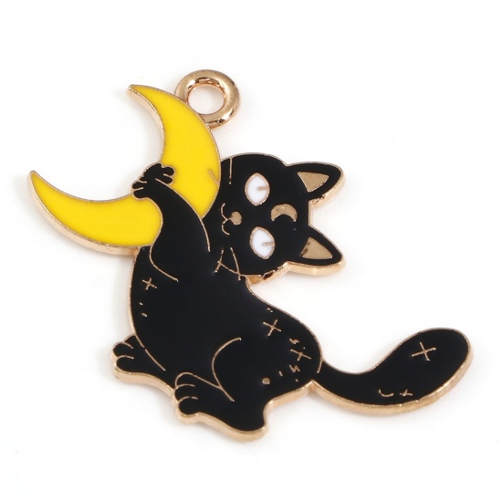Picture of Zinc Based Alloy Halloween Charms Gold Plated Black & Yellow Half Moon Cat Enamel 26mm x 24mm, 10 PCs